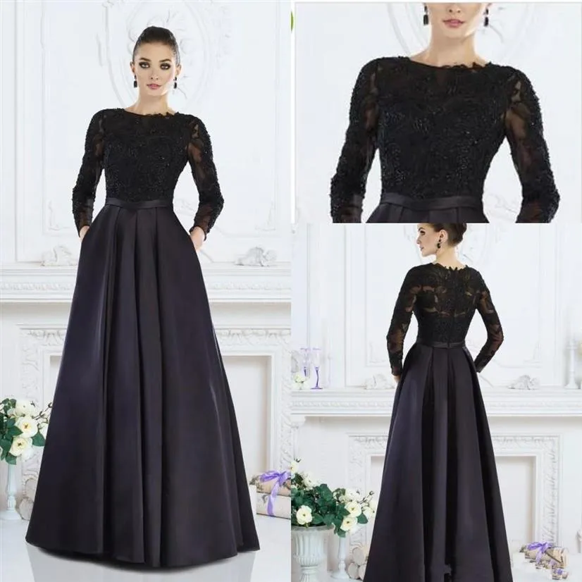 Janique Mother of the Bride Dresses Black Long Sleeves Formella klänningar A-Line Jewel Lace Pärled Custom Made Women Evening Dresses Wea196m