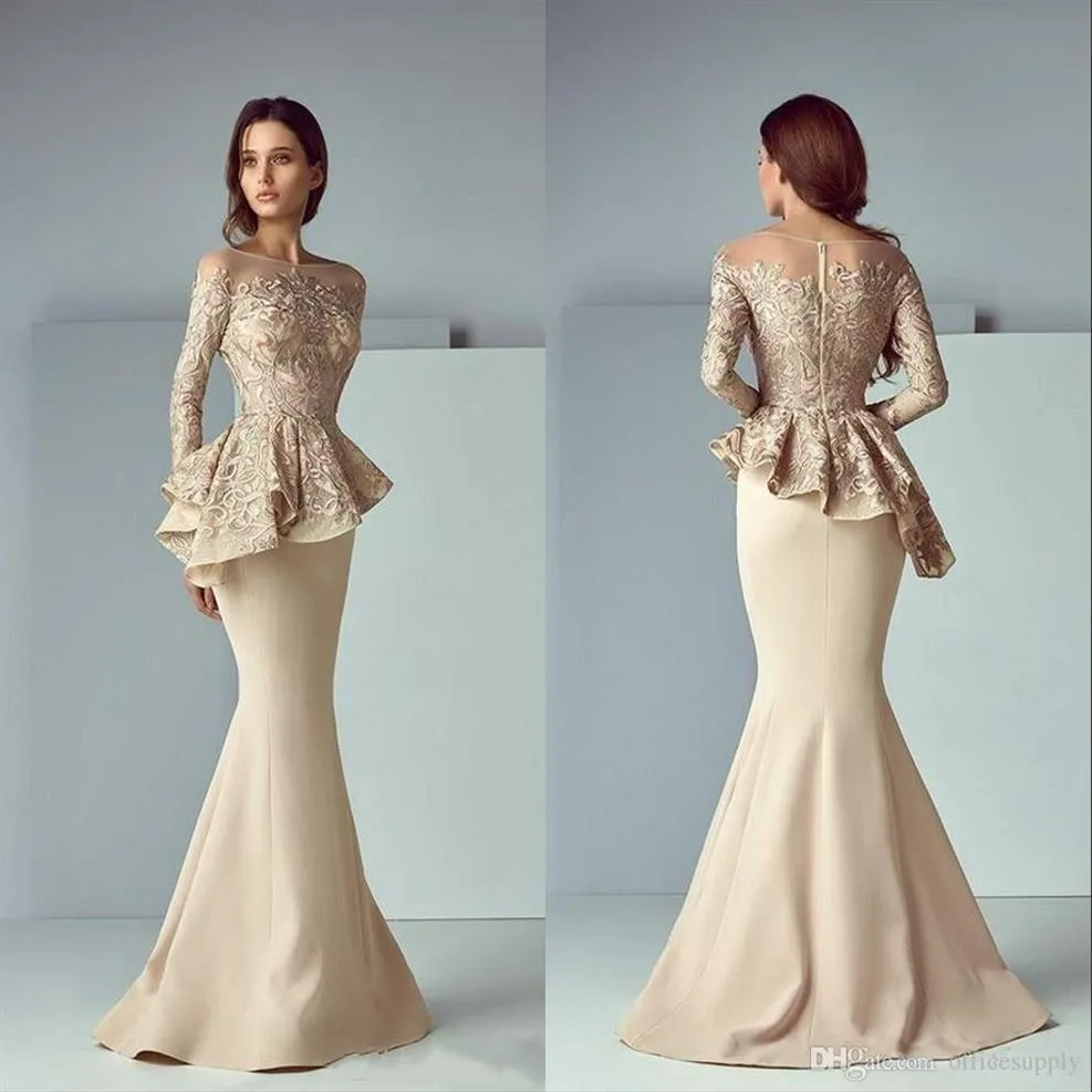 Champagne en dentelle peplum Wear Robes de bal 2019 couche à manches longues Dubaï Sirène arabe