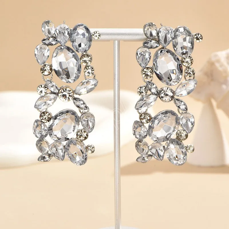 Wyolbrzymia czyste kryształowe duże geometryczne kolczyki z kroplami biżuteria ślubna dla kobiet białe dhinestone urok kolczyki