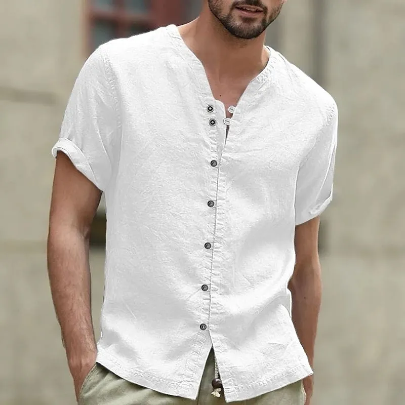 Mężczyzn Casual Shirts Modna letnia koszula Button Up Beach Krótki rękaw 100 bawełniany bielizny zwykły V Daily Vacation Mężczyźni 2023 230721