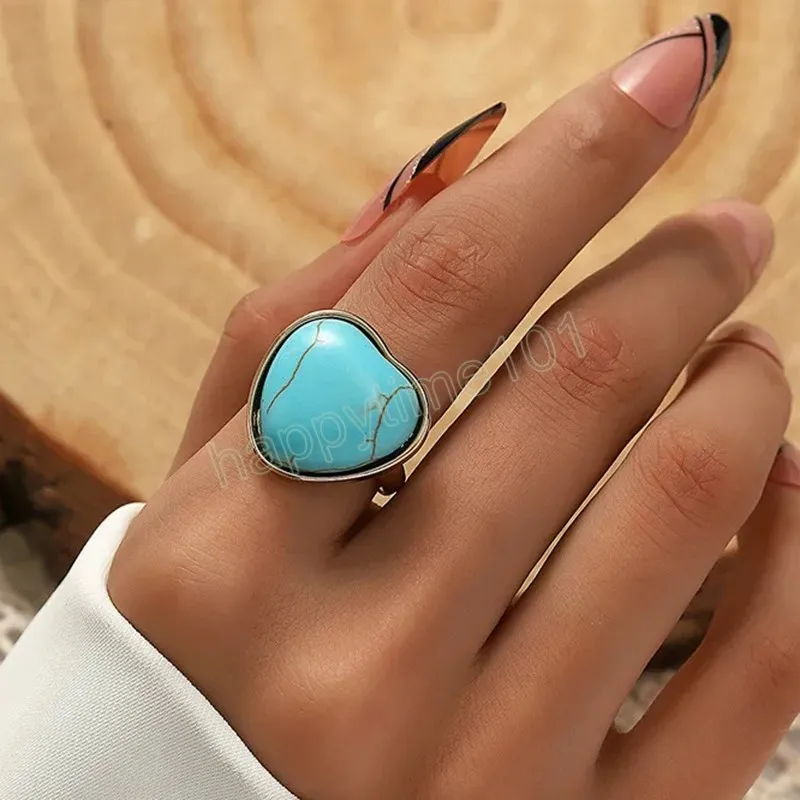 Anéis folheados a ouro vintage com coração turquesa para mulheres boêmias lindos anéis de mão de pedra azul com dedo médio para festa joias presente