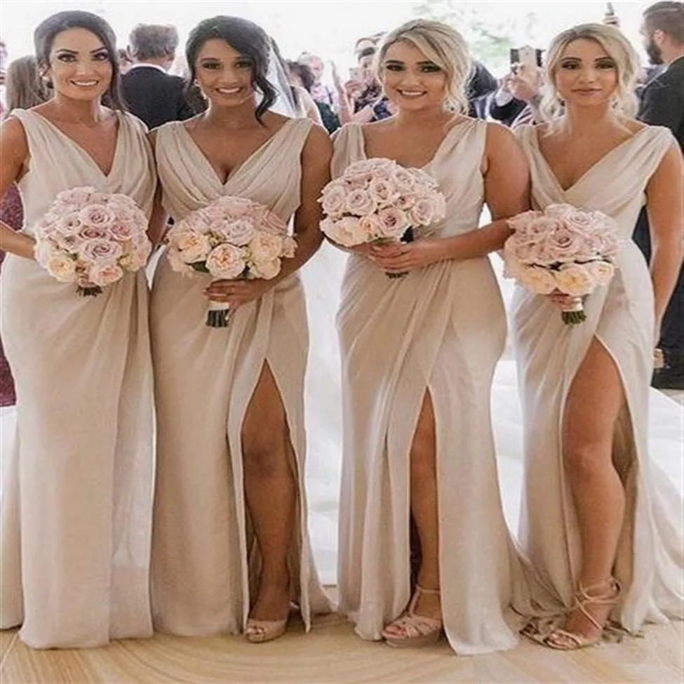 immagine reale vestido madrinha fessura sirena abiti da damigella d'onore lungo sexy senza schienale abito da festa nuziale 2019 scollo a V sposa cameriera di Hon233u