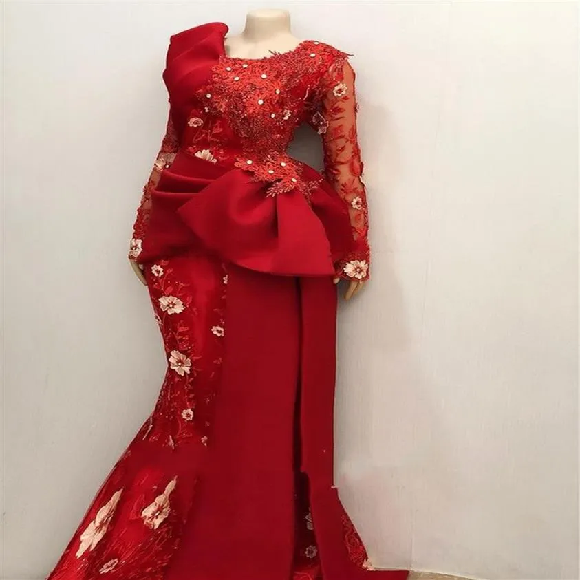 Afrykańskie długie rękawy koronkowe sukienki wieczorowe syreny 2021 ASO EBI Long Rleeves Pleats Peplum czerwone suknie balowe szat de soiree197o