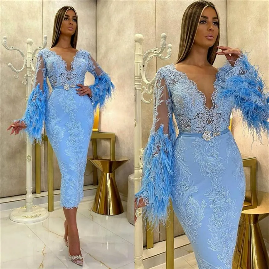 Luxury Blue Evening Dresses Feather Appliqued Lace Sexy Sheer Long Sleeves Mermaid Formal Dress Ankle-length Custom Made Cheap Pro285r