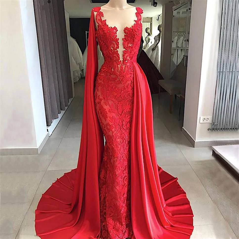 2019 leuchtend rote Meerjungfrau-Spitze-Brautkleider, sexy Brautkleid mit tiefem V-Ausschnitt und Cape-Schleppe, Vestido de Novia255k