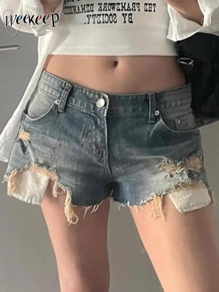 Women's Jeans Weekeep Summer Ripped Short Low Rise Patchwork Streetwear Y2k Bottom Korean Chic Women Clothing Sexy Shorts For Girls