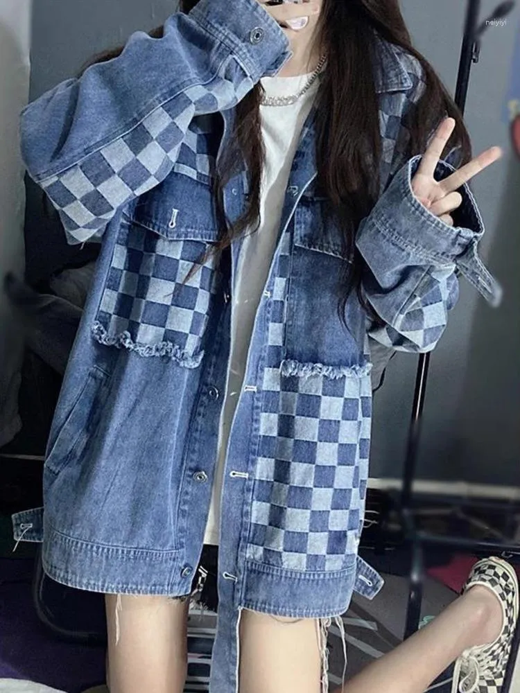 Kvinnorjackor Cool Salt Wear med Checkerboard Stitching Cardigan Washed Denim Jacket Trend Loose Top