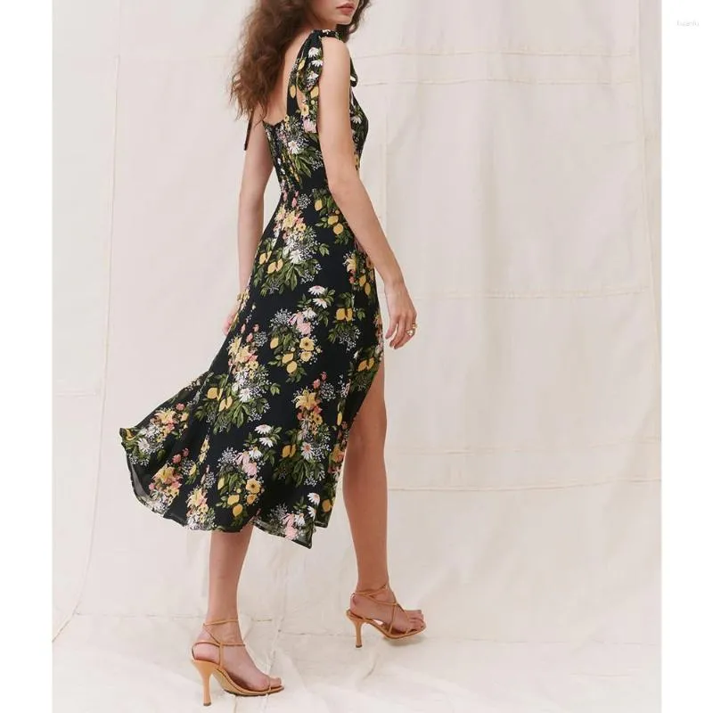 Casual Dresses for Women 2023 Party Tie Rand Side Slit Sexig Midi Elegant Vintage Floral Print Chiffon Summer Boho Beach