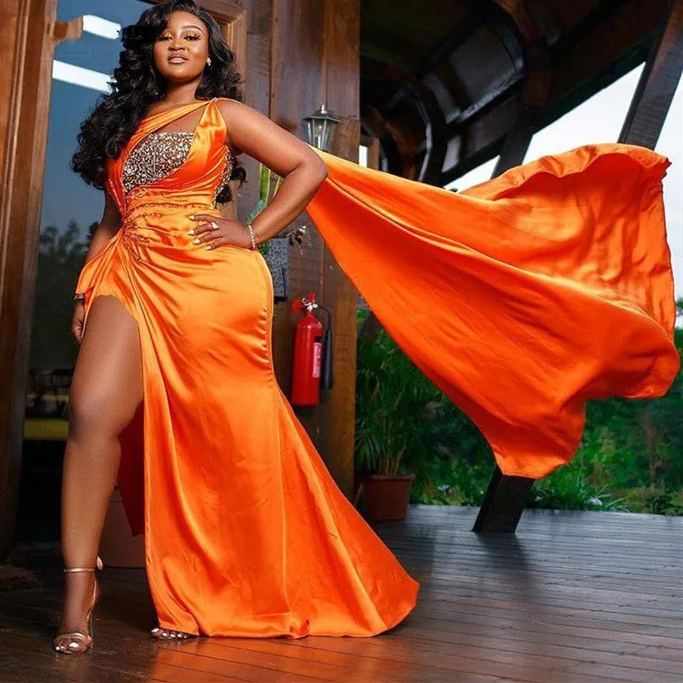 Orange sjöjungfru aftonklänningar hög delad paljett veck prom klänningar en axel plus storlek special tillfälle klänning afrikan2477