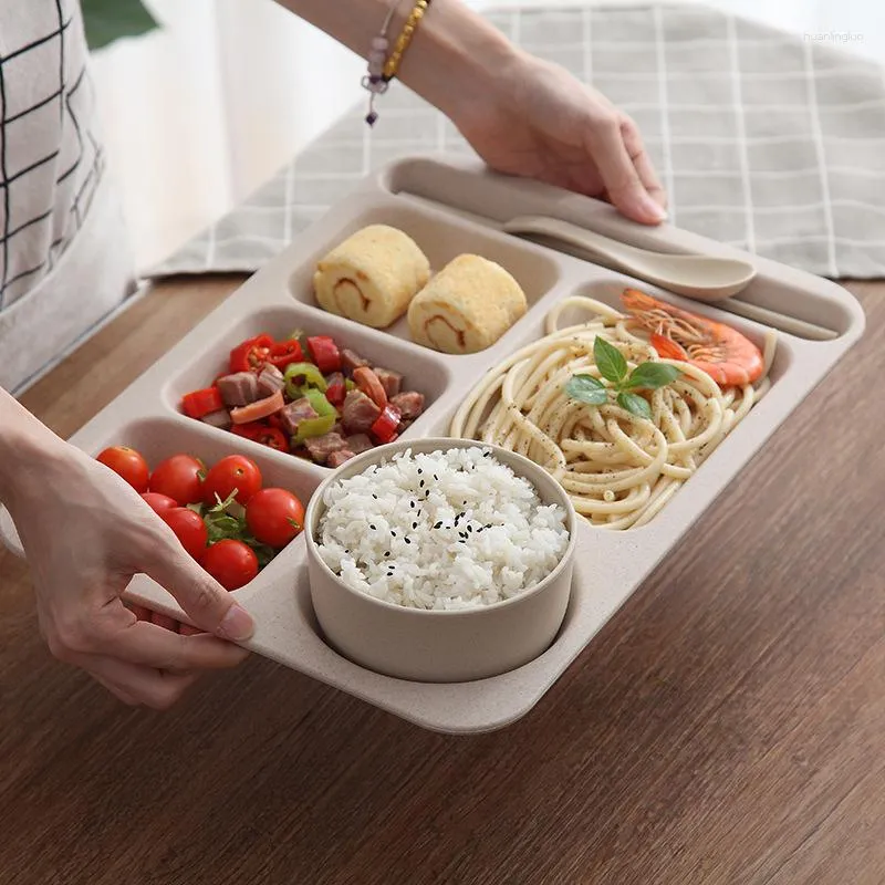 Bowls Wheat Straw Tableware Student Dinner Plate Large Capacity Rectangular Cafeteria Adult Fall-proof Fast Compartment Set