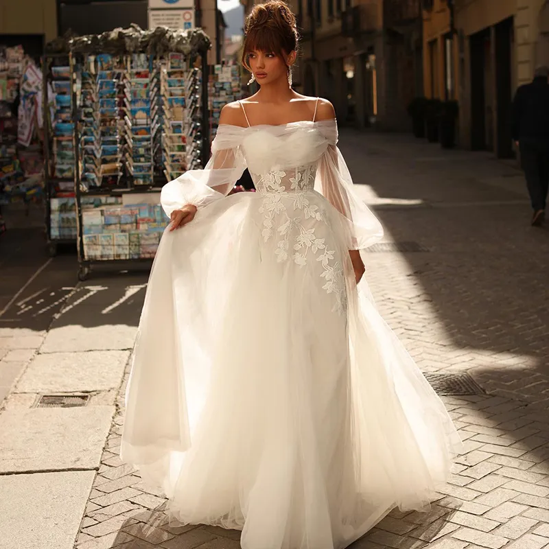blue dress for baby girl High Scoop-Neck Long-Sleeves A-Line Wedding Dress Applique Cutout Tull –  Laxag