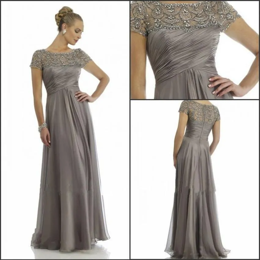 2019 Langes Chiffon-Kleid für die Mutter des Bräutigams, kurze Ärmel, Perlenstickerei, Strass-Rüschen, Empire-Stil, U-Ausschnitt, bodenlang266B