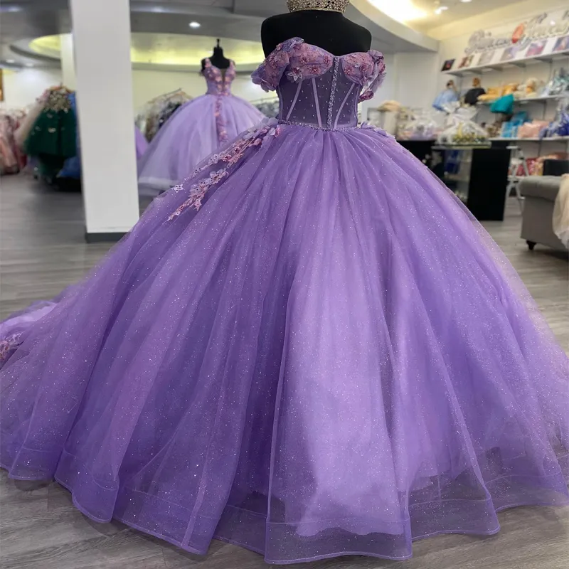 Abiti Quinceanera viola lucido da ballo principessa 2024 Abiti con spalle scoperte Cristallo 3DFlower Vestido De 15 Anos Abiti corsetto