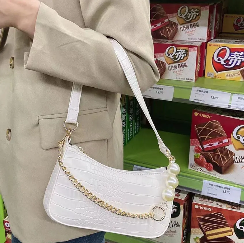 Bolsas de mão da moda vintage francês crocodilo pérola corrente saco nas axilas designer durável luxo elegante menina U1