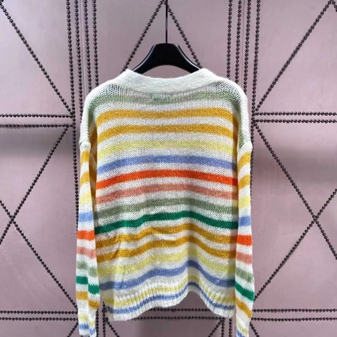 Spring Autumn Women's Rainbow Stripes Large V-neck Cardigan Sweater Coat, Knitted Fabric Soft and Comfortable Can Not Afford to Ball, Casual Fashion.