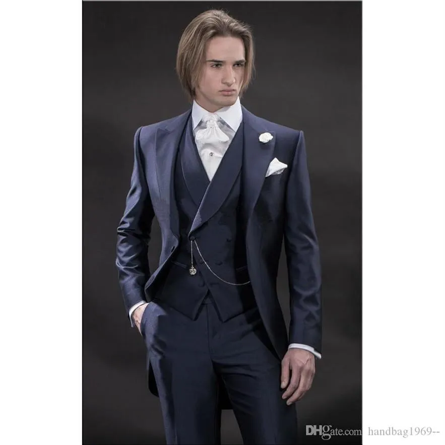 Marineblauer Bräutigam-Frack mit einem Knopf, spitzes Revers, Herren-Anzüge für Hochzeit, Party, 3-teilig, Blazer, Jacke, Hose, Weste, 265 x