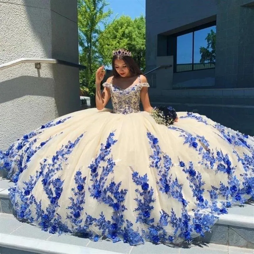 Arabisk stil blå quinceanera klänningar maskerad puffy bollklänning balklänning med applikationer söta 16 vestidos de 15 anos239c