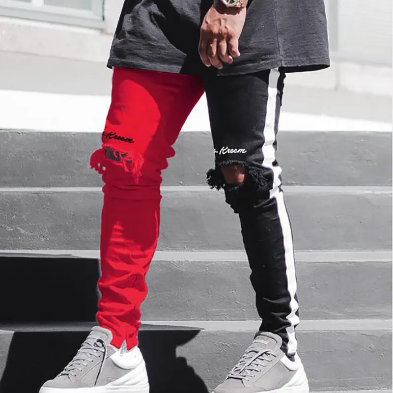 Shorts Masculino Y2K Mens Preto Vermelho Patchwork Calça Denim Outono Pé Zip Up Jeans Rasgados Hip Hop Vintage Skinny Man Pantalones Hombre 230721