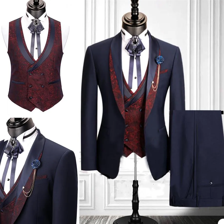 2020 New Mens Suits 3 Pcs Printed Wedding Tuxedos Slim Fit Designer Groom Groomsmen Suit Mens Formal Wear2803