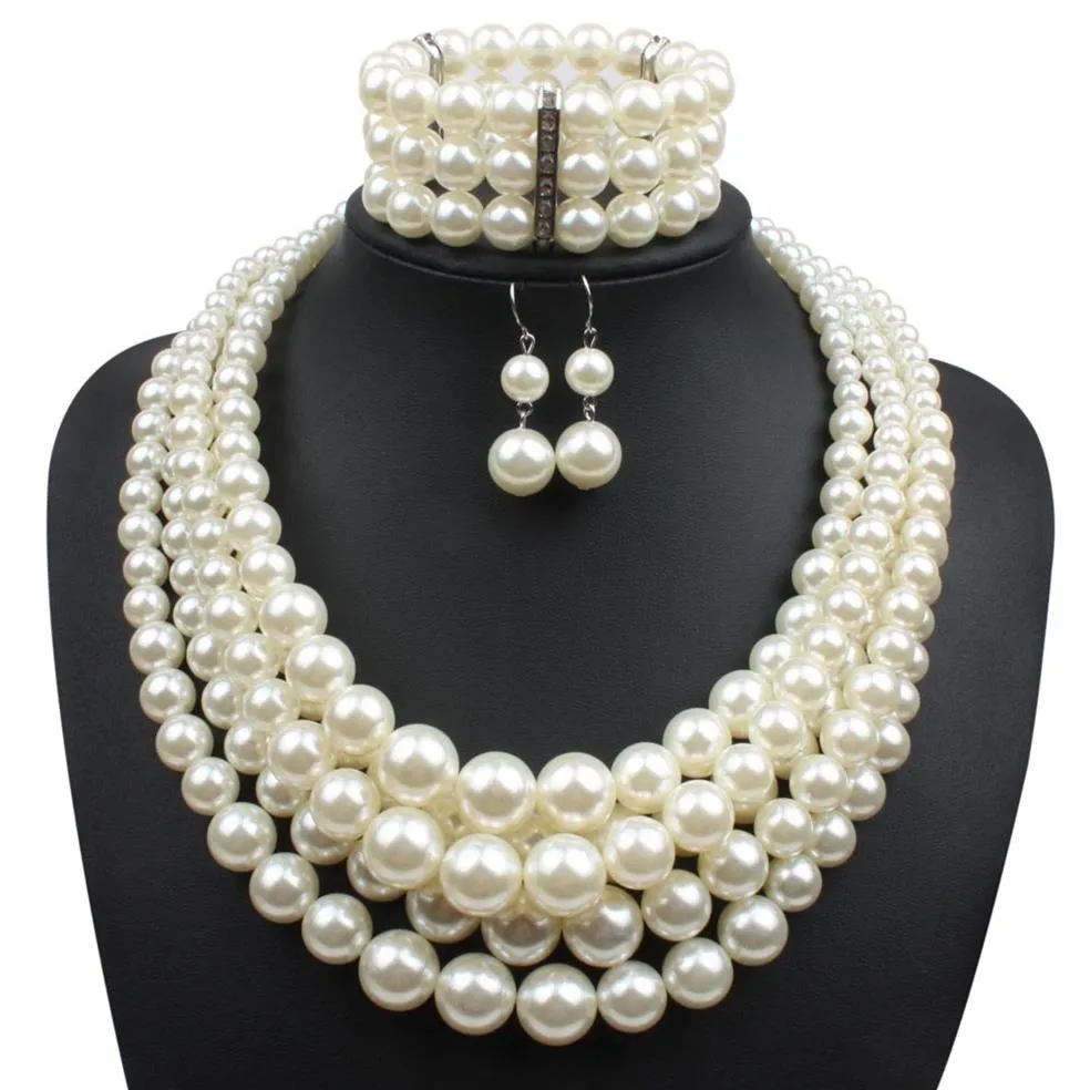 Luxury pearl Beaded Explosive models exaggerated imitation pearl beaded three-piece suit Multilayer pearl necklace jewelry set343i