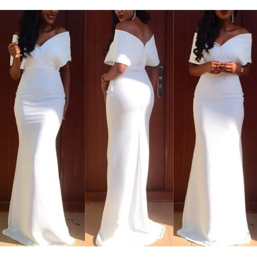 New Arrival Beautiful White Simple Evening Gowns Off Shoulder Mermaid Long Prom Dresses White Party Gowns274I