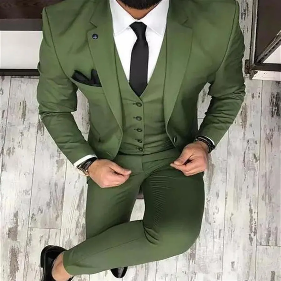 Ternos masculinos verde-oliva para smoking de noivo 2019 lapela entalhada slim fit blazer jaqueta de três peças calça colete homem roupas sob medida 301 W