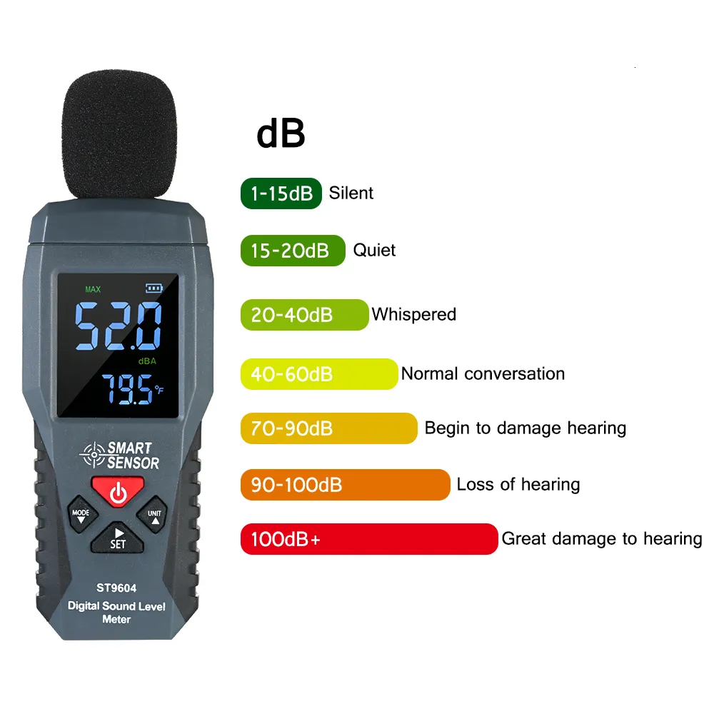 Misuratori di rumore SMART SENSOR Misuratore di livello sonoro digitale 30-130 dB Misuratore di decibel LCD Retroilluminazione Sonometro Misuratore di rumore con funzione termometro 230721