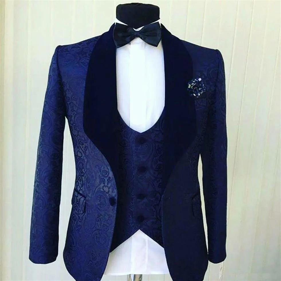 Popular Azul Marinho Jacquard Men Casamento Smoking Xale Lapel Noivo Smoking Men Jantar Vestido Darty 3 Peças SuitJacket Calças Colete290c