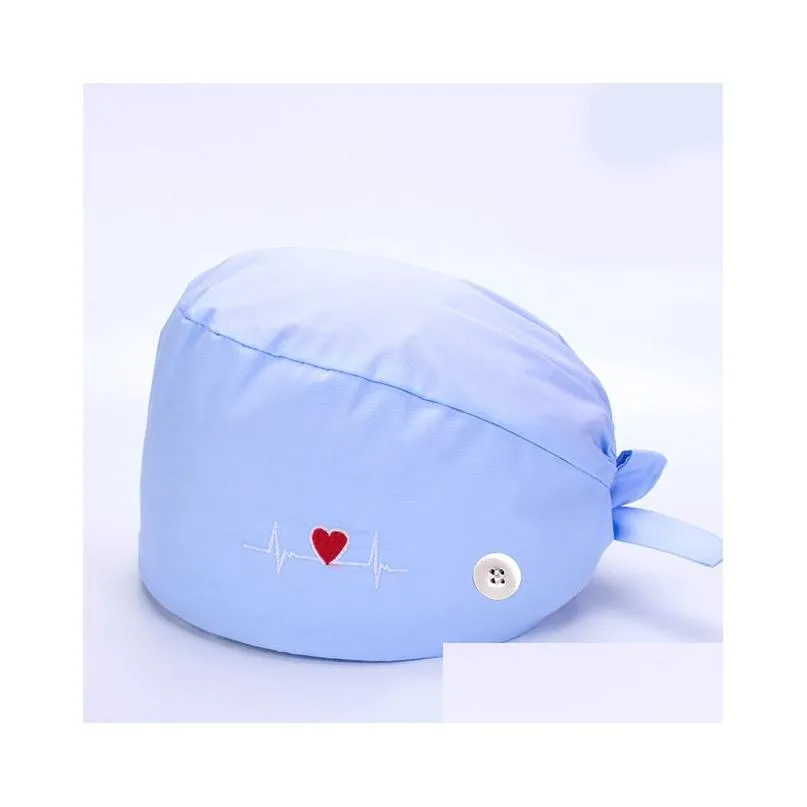 Beanie/Skull Caps Embroidered Nurse Hats For Women Adjustable Surgical Cap With Buttons Sweat-Absorbent Towel Beauty Salon Phary Lab Dh0Tr