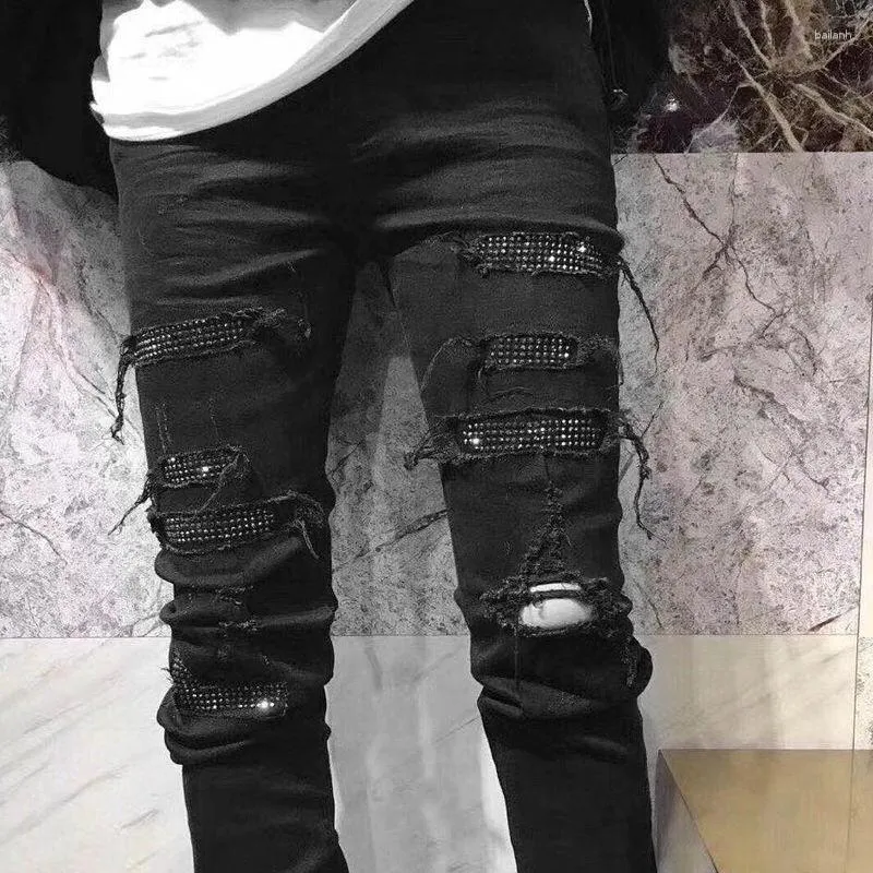 Black Rhinestone Embellished Mens Slim Fit Denim Lace Pants With Damage  Holes And Distressed Design From Bailanh, $47.99