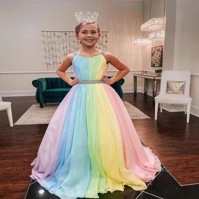 Rainbow Chiffon Little Girl Pageant Dresses 2022 Straps-Neck Girls Prom Gowns Zipper V Back Sleeveless A-Line Long Kids Formal Par202U