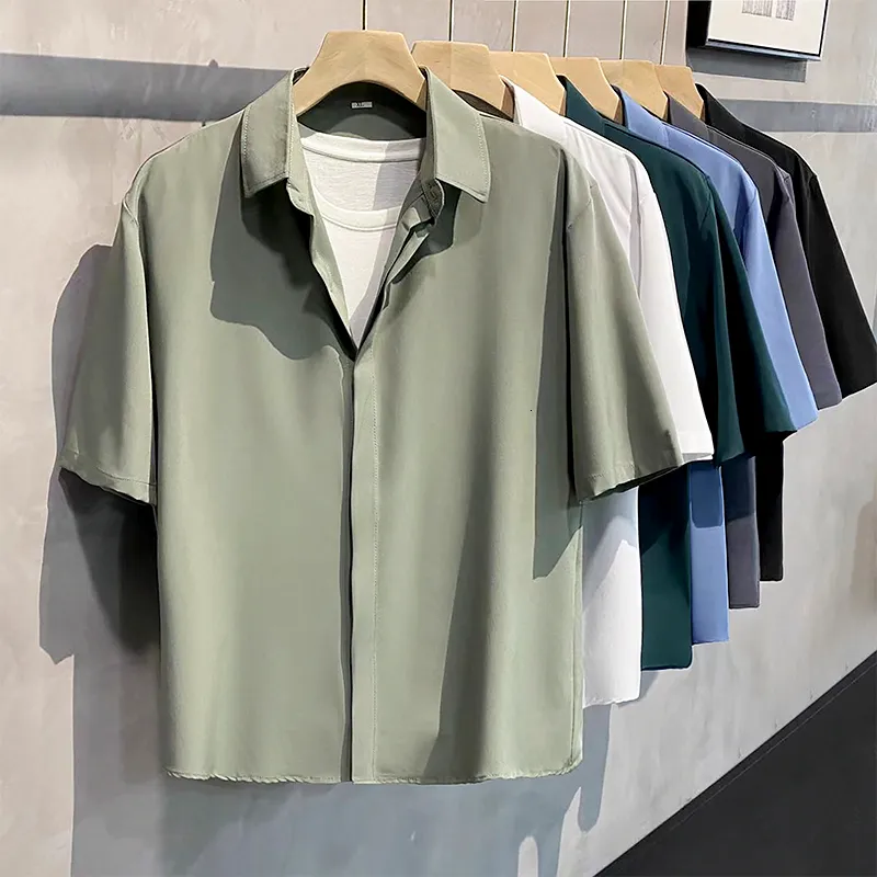 Mannen Casual Shirts Zomer Cool Mannen Korte mouwen Shirt Anti-rimpel Effen Kleur Mode kantoor Casual Losse Button Pocket Shirt Mannelijke Kleding Top 230721