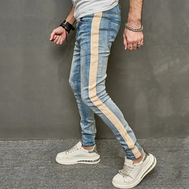 Heren Jeans Mannen Lente Stijlvolle Patchwork Slanke Potlood Broek Mannelijke Streetwear Effen kleur Casual Denim Broek 230721