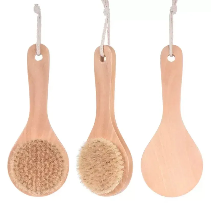 DHL 100st Dry Bath Body Brush Back Scrubber Anti-halk Kort trähandtag Naturliga borst Dusch EXFOLITING MASSAGER FY3691