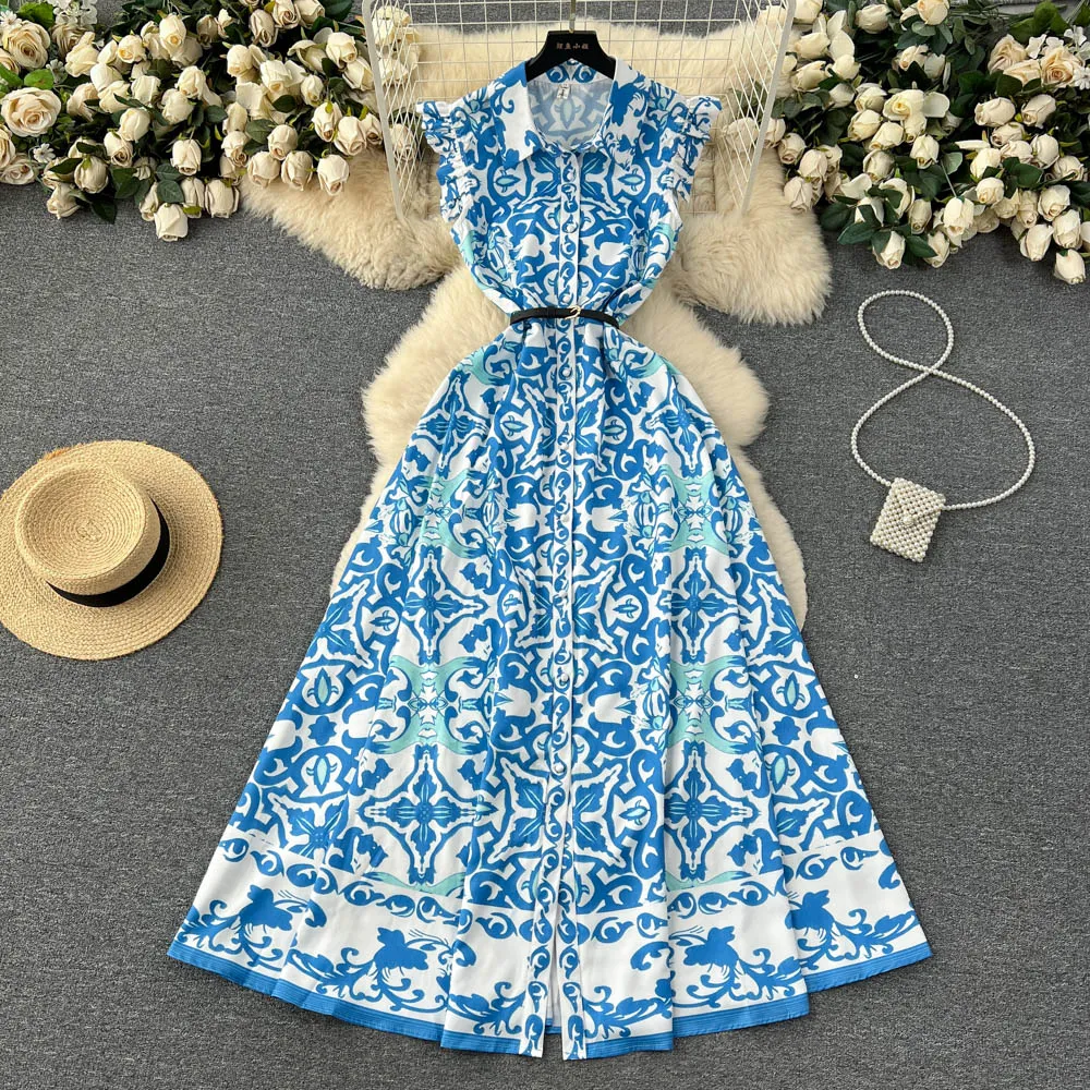 Vestidos Casuais Básicos Moda Verão Passarela Vestido Maxi Feminino Sem Manga Babado Cinto Único Seios Estampado Flor Azul Vestidos de Festa Linha A 2023