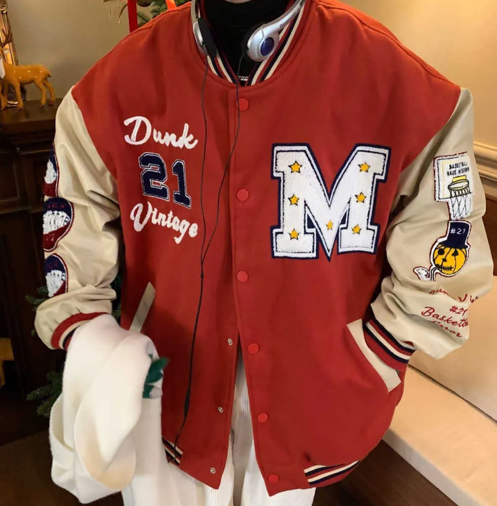 Varsity jackor för män sömnad brevman retro skalle sport baseball krage läder ärm i streetwear hip hop bombare freds toppar rockar brodery designer