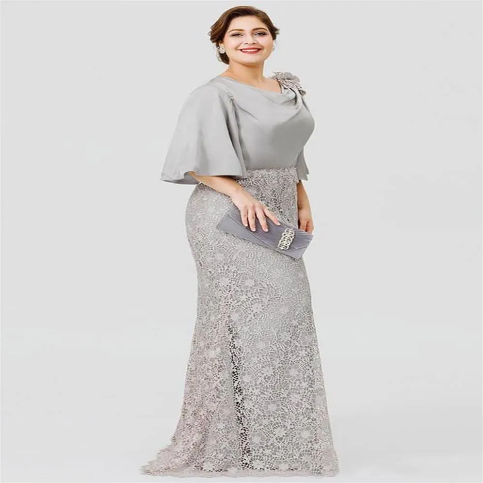 Grey A Line Mother Of The Bride Dress Jewel Neck 3 4 Long Sleeve Lace Appliqued Wedding Guest Gowns Floor-length Plus Size Evening221S