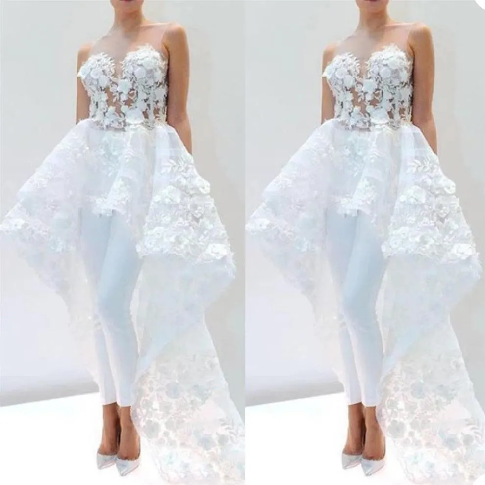 Mode en linje bröllopsklänning jumpsuits 3d blommor applikationer brudklänningar moderna dragkedja bakre brudklänningar kläder de mariee3021