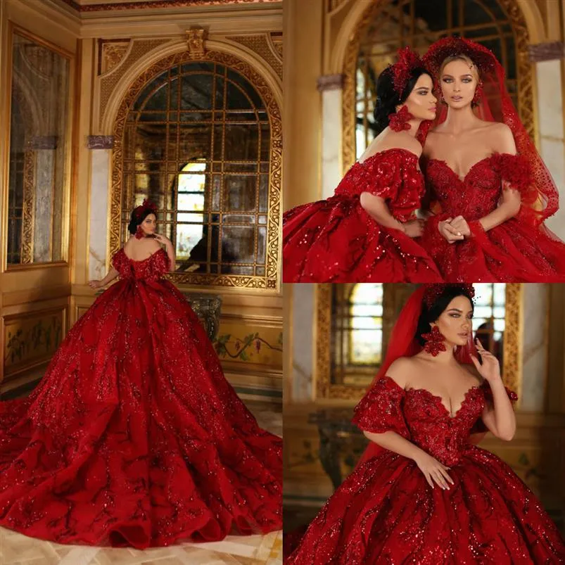 2020 Sparkly Red Lace Applique Quinceanera 드레스 오프 어깨 v 목 볼 가운 스팽글 무도회 드레스 Quinceanera 가운 Brautkleid2455