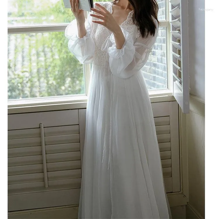 Women's Sleepwear 1 Set Princess Robes Slip Dress.Lace Translucent Kimono Pajamas Bride Robe Lady Girl's Nightgown Nightdress