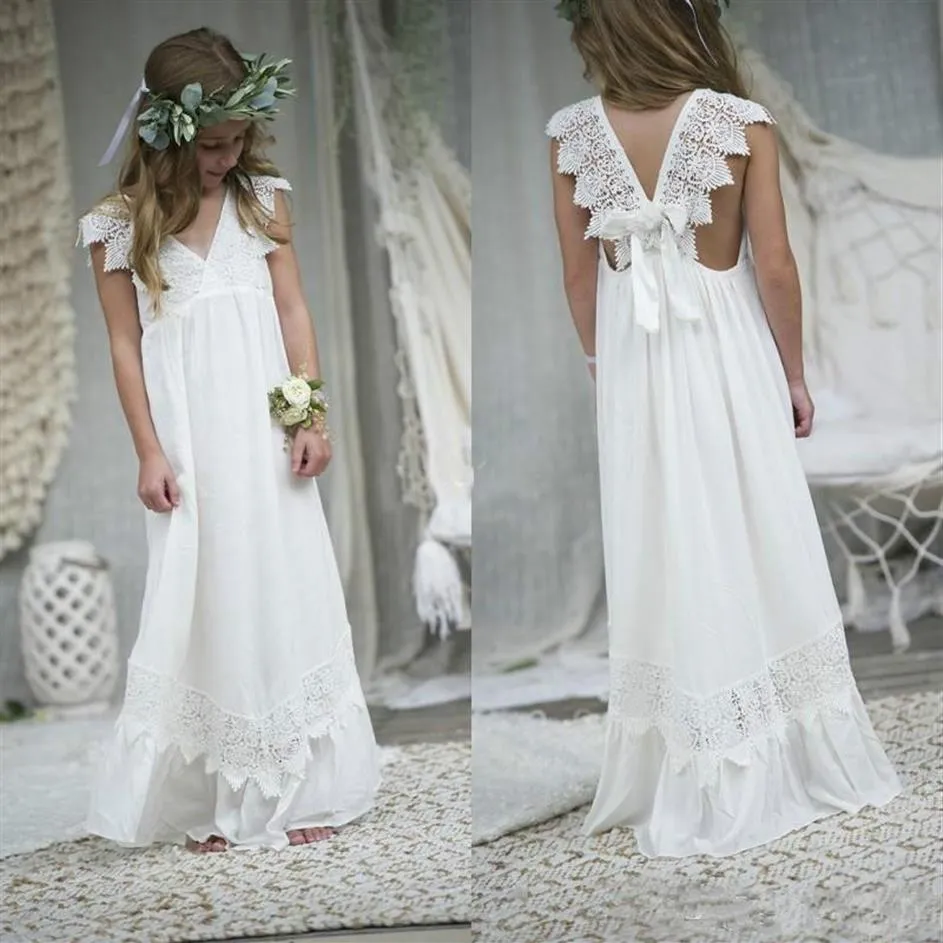 Abiti da ragazza di fiore Boho in chiffon da spiaggia 2020 Abiti da cerimonia per bambini di dimensioni appena personalizzate Abiti da comunione con scollo a V218w