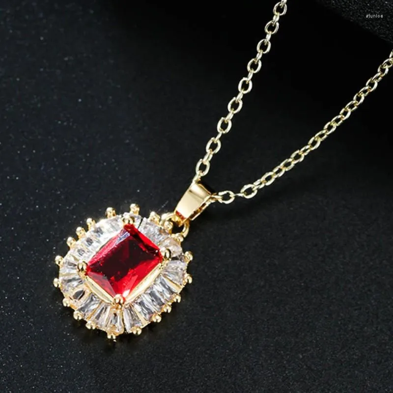 Anhänger Halsketten JMK Zirkonia Vintage Rot Lila Quadratische Wassertropfen Halskette Für Frauen Inlay Bling Elegante Dame Partei Schmuck