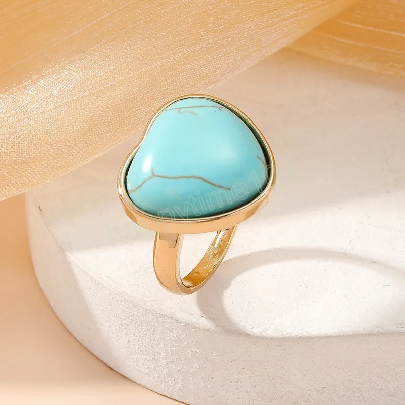 Vintage Gold Plated Heart Turquoises Rings for Women Bohemian Cute Blue Stone Hand Midi Finger Rings Party Jewelry Gift