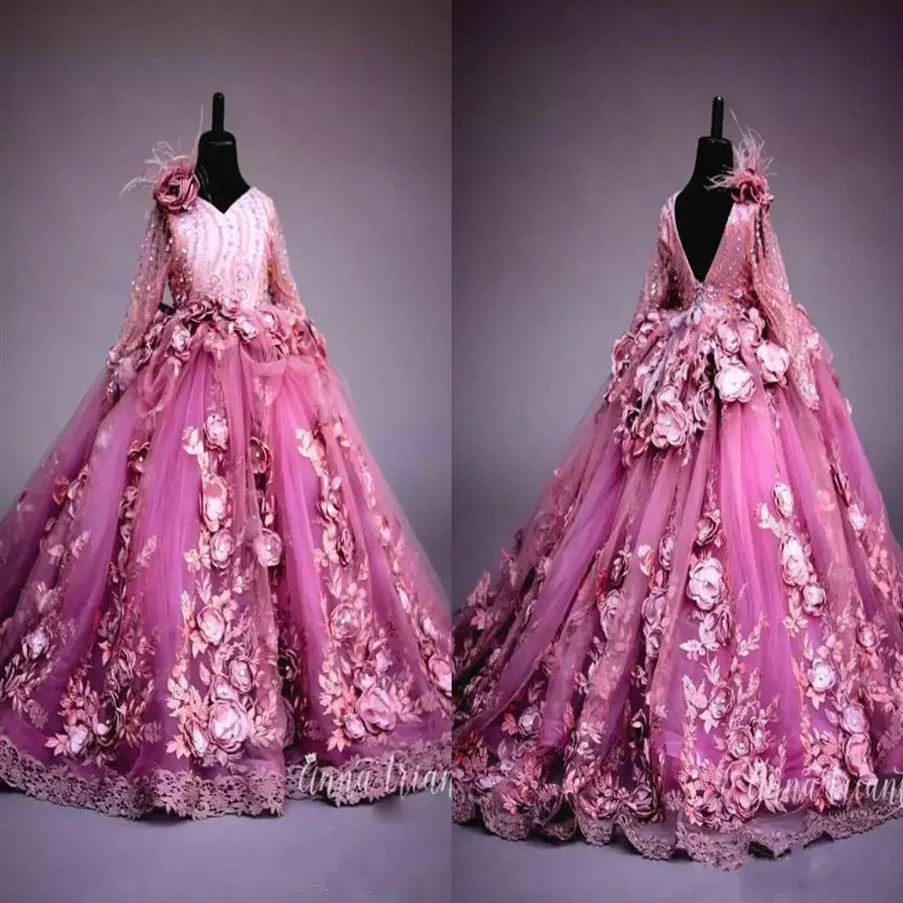 Luksusowe 3D ręcznie robione kwiaty sukienki V searne cekiny puszystą spódnicę tiulowe dziewczyny