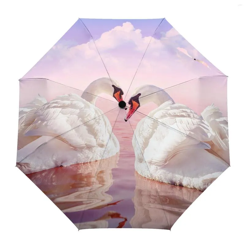 Зонтичные белые лебедь озеро облака фиолетовые свечение автоматическое восемь костей складной дождь зонтичный