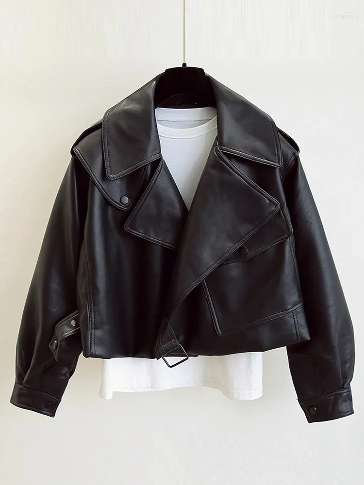 Kvinnorjackor ftlzz Spring Women Faux Leather Jacket Biker Röd vit kappa TurnDown Collar Pu Motorcykel Löst streetwear ytterkläder