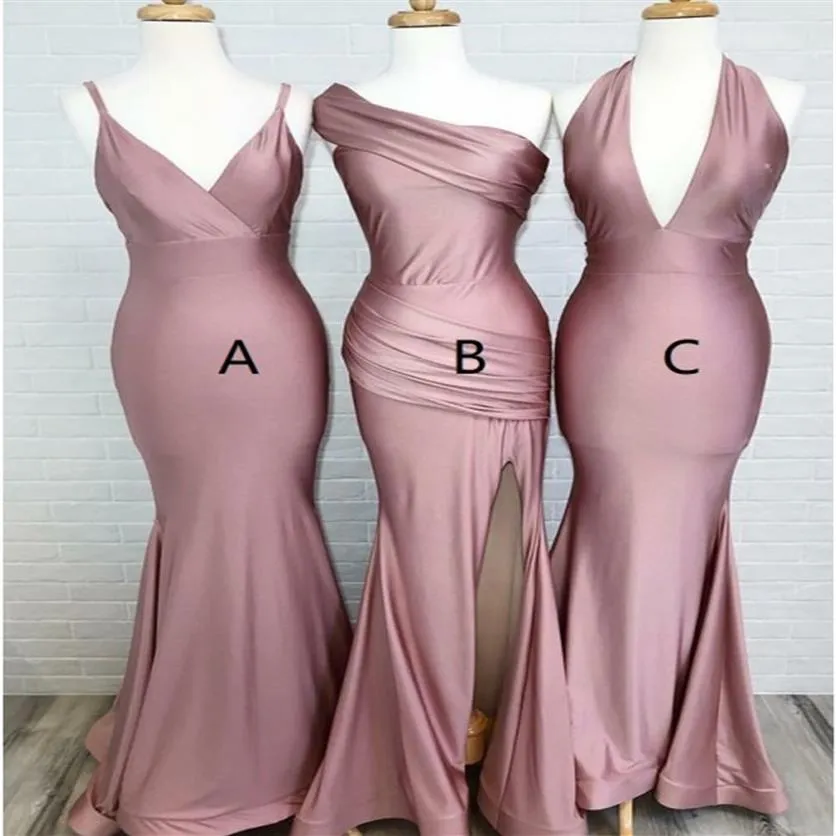 2022 REAL PO Fashion Dusty Rose Long Bridesmaid Dresses Mermaid High Slit V Neck Halter One Shoulder Wedding Party Prom Formal 213a