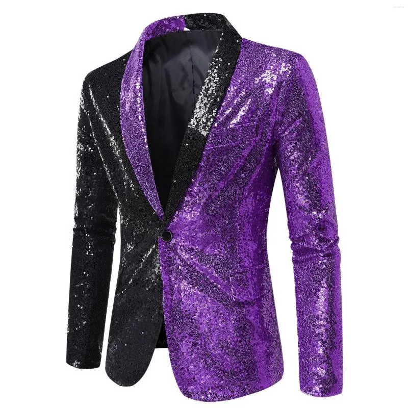 Trajes de hombre Moda Un botón Chal Solapa Blazer Traje Chaqueta Hombres Brillante Negro Púrpura Lentejuelas Blazers Escenario Club de baile Ropa de fiesta XXL