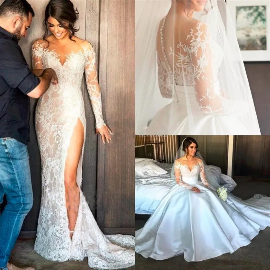 2017 Nouvelles Robes De Mariée En Dentelle Fendue Avec Jupe Amovible Sheer Neck Manches Longues Gaine Haute Fente Overskirts Robes De Mariée2781