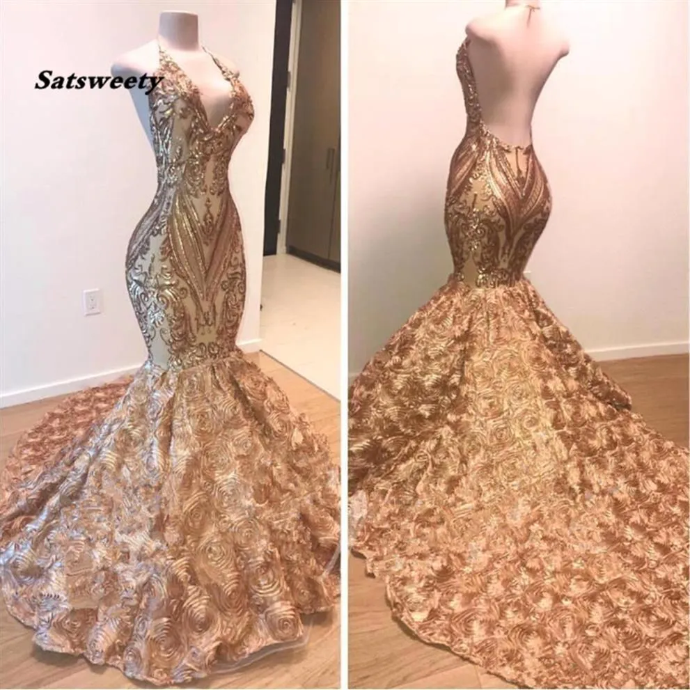 Afrikaanse Gouden Galajurken Zeemeermin Halter V-hals 3D Bloemen Mouwloze Avondjurk Lange Arabische Dubai Party Gowns303h